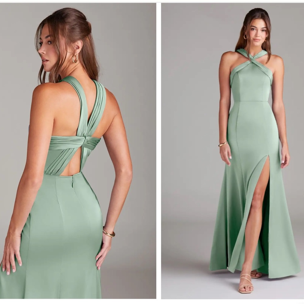 Azazie Agave Teal Green Satin Rue Maxi Formal Dress Size A4